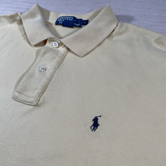Polo Ralph Lauren Shirt Mens Large Yellow Short Sleeve Dark Blue Pony Vintage - Picture 4 of 8